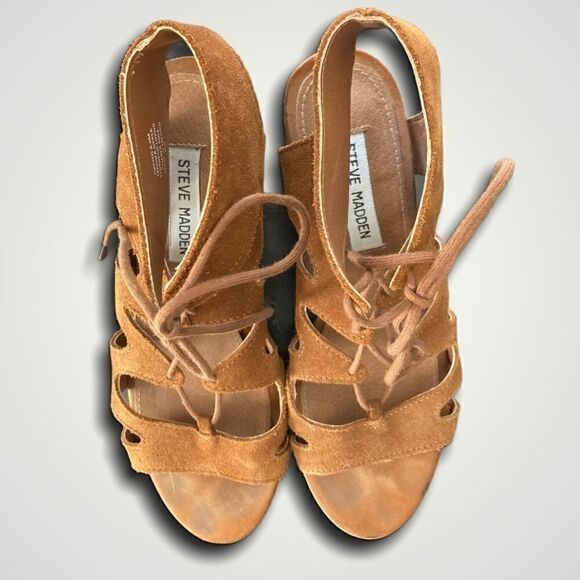Steve Madden Hayylo Leather Gladiator Low Block Heel Lace Up Cut Out Sandals 8.5 - Picture 10 of 11